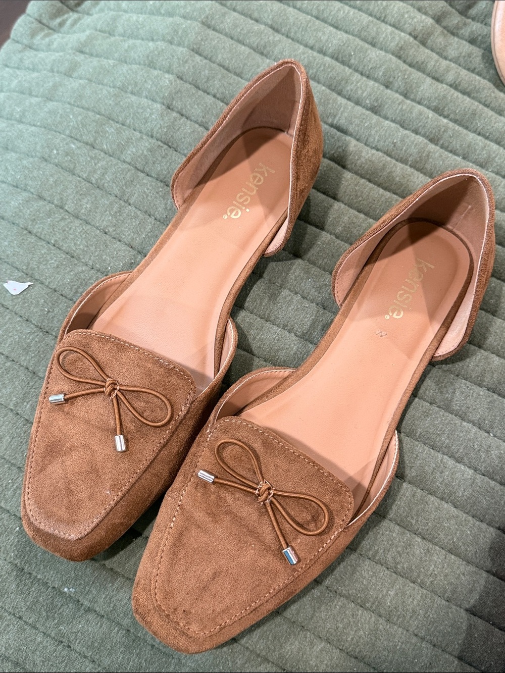 Kensie Tan Suede D'Orsay Flats with Bow Accent
